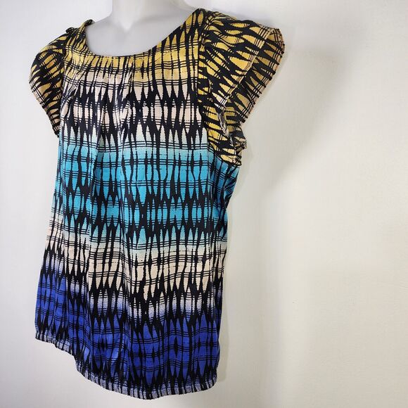 The Limited Top Large Multicolor Printed Cap Flutter Sleeves Blouse Elastic Hem - Picture 5 of 12